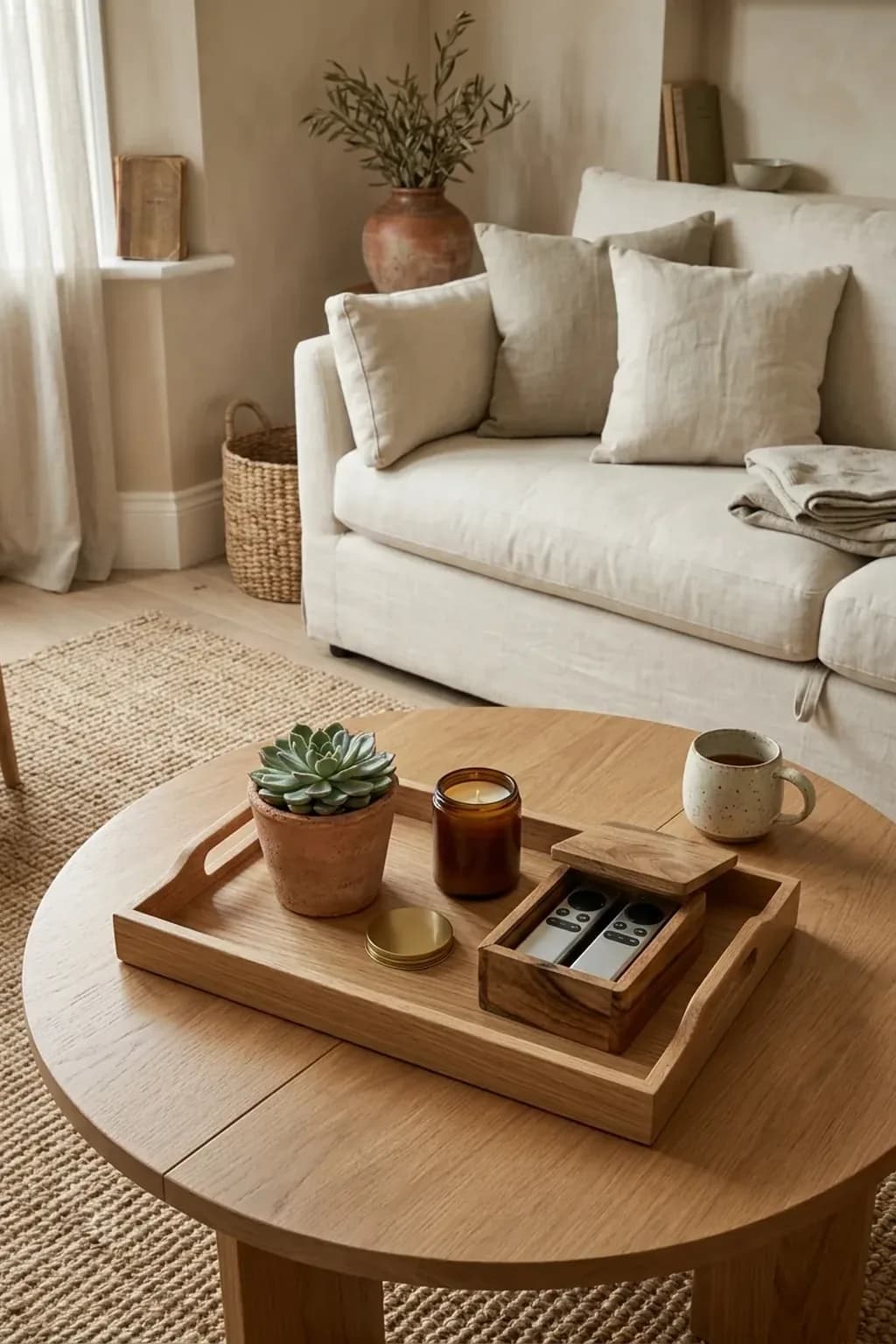 Small round coffee table in a studio apartment with one wooden tray with handles holding a small plant, a candle and a box for remotes, a mug beside the tray on the clear part of the table, a linen sofa behind