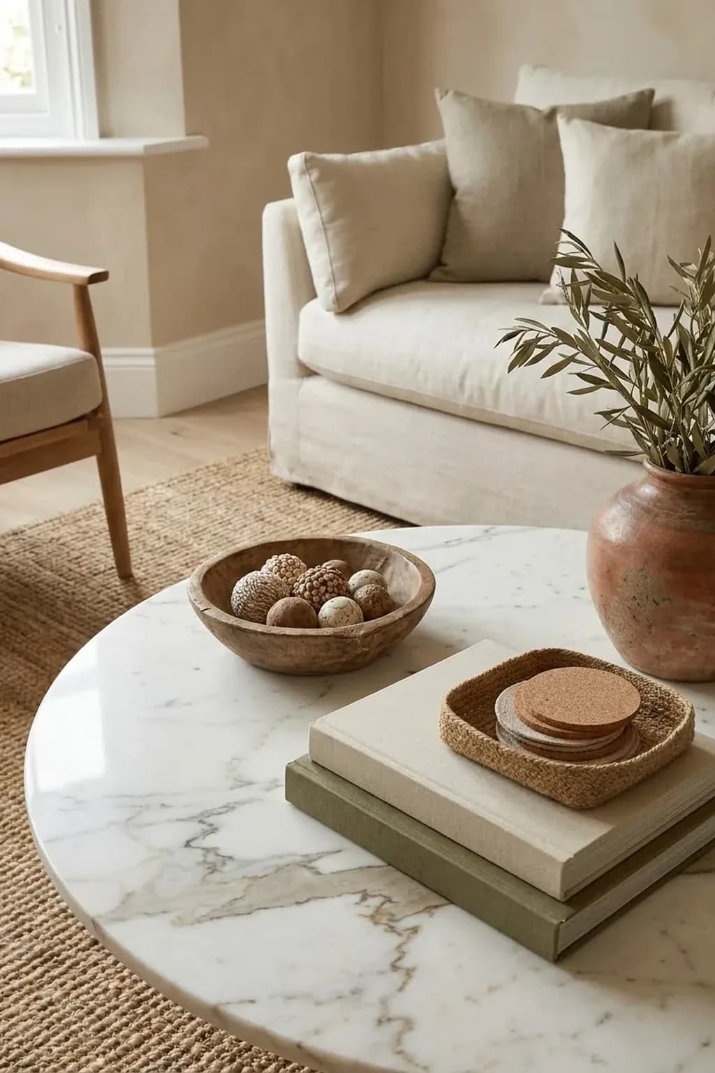 Round white marble coffee table styled with warm objects: a wooden bowl, a stack of two cloth-bound books without titles and a small woven tray with coasters, a wool rug beneath