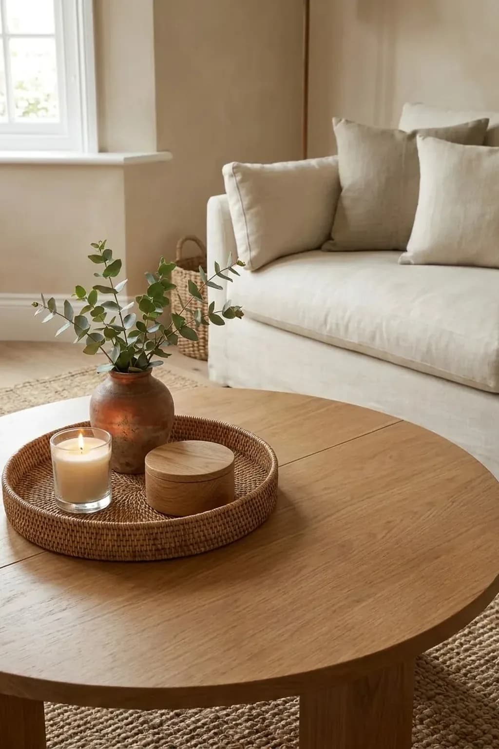 Round oak coffee table with a round rattan tray slid toward one side holding a candle in a jar, a small vase with greenery and a small lidded wooden box, the rest of the table clear