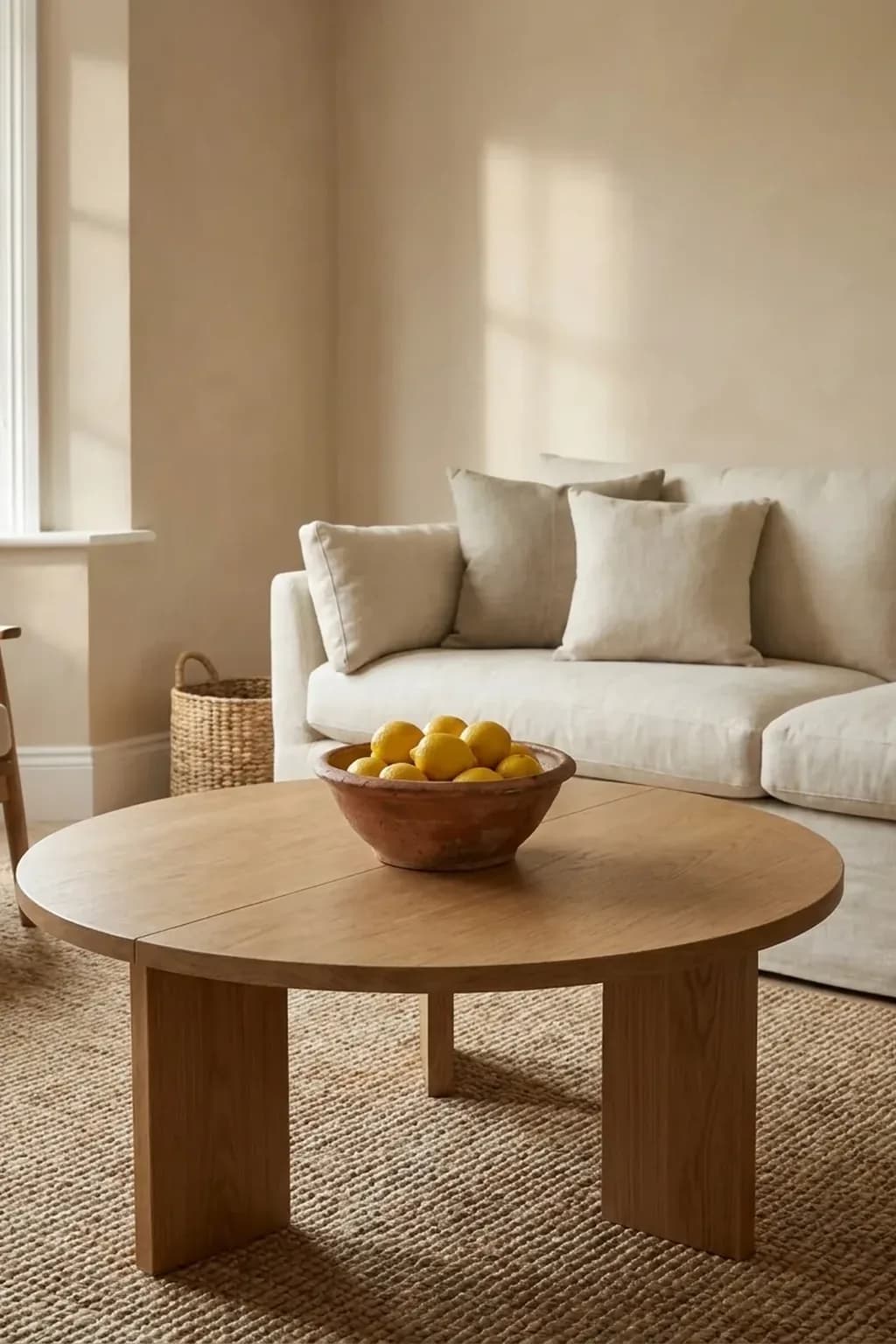 Small round oak coffee table in a compact living room with one large stoneware bowl of lemons in the center and nothing else, a two-seater sofa behind