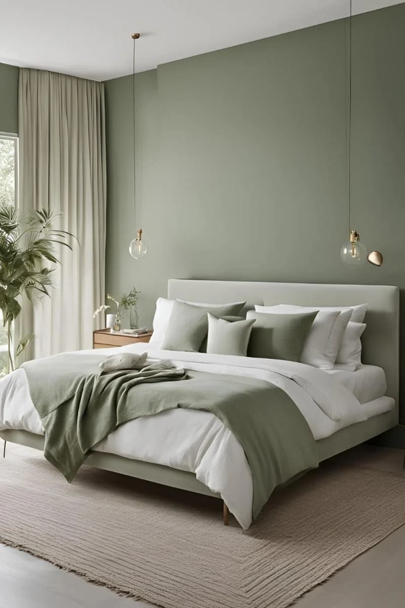 Bedroom with sage green walls, a pale upholstered bed with white bedding and a sage throw, two small glass pendant lights and long neutral curtains