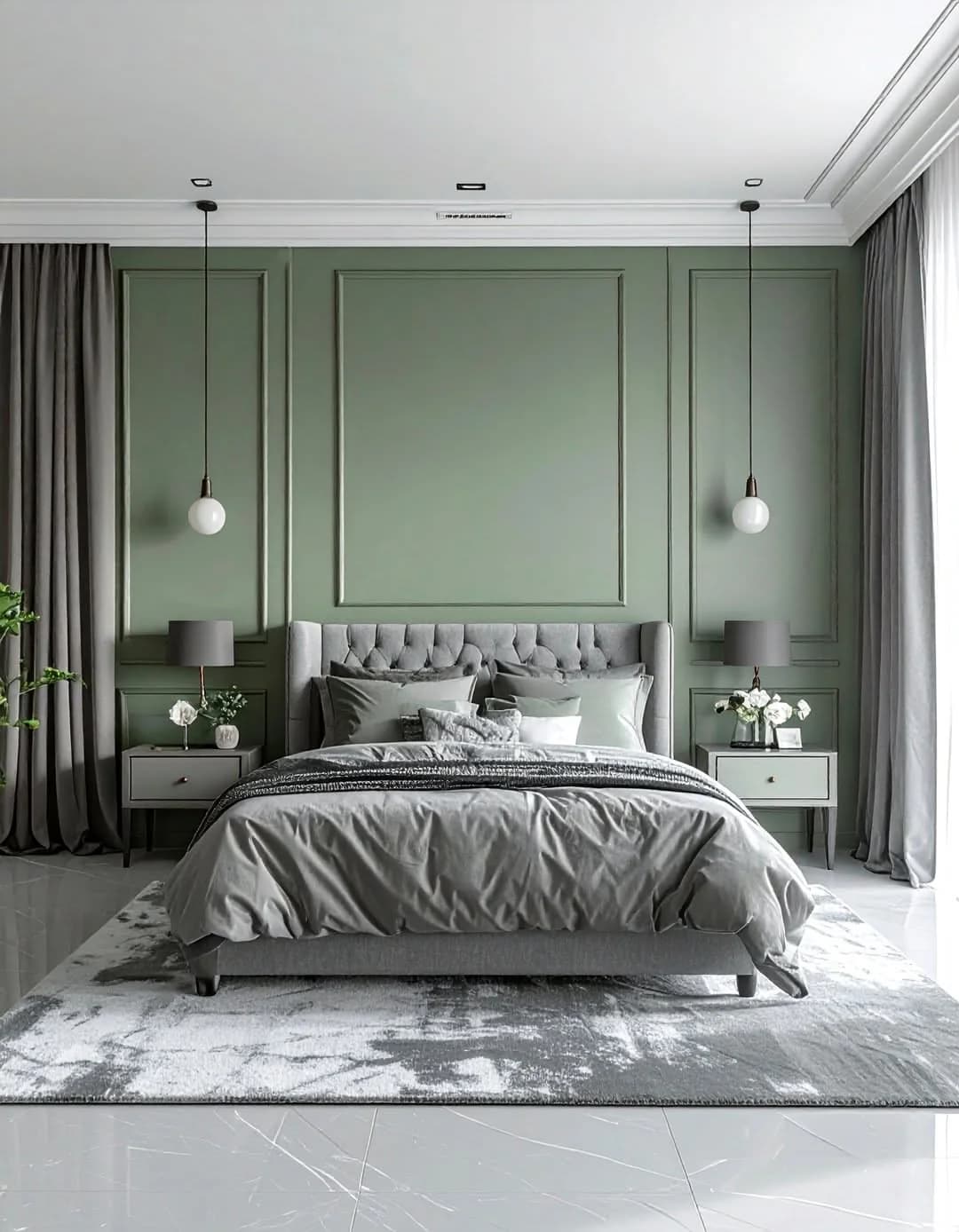 Bedroom wall with sage green picture-frame moulding behind a grey tufted bed with grey bedding, two globe pendants and grey curtains