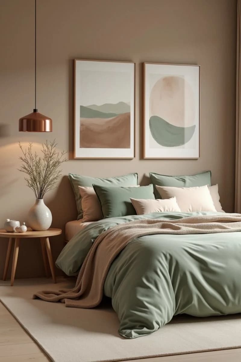 Bed with sage green bedding, blush pillows and a clay-colored throw against taupe walls with two abstract prints and a copper pendant