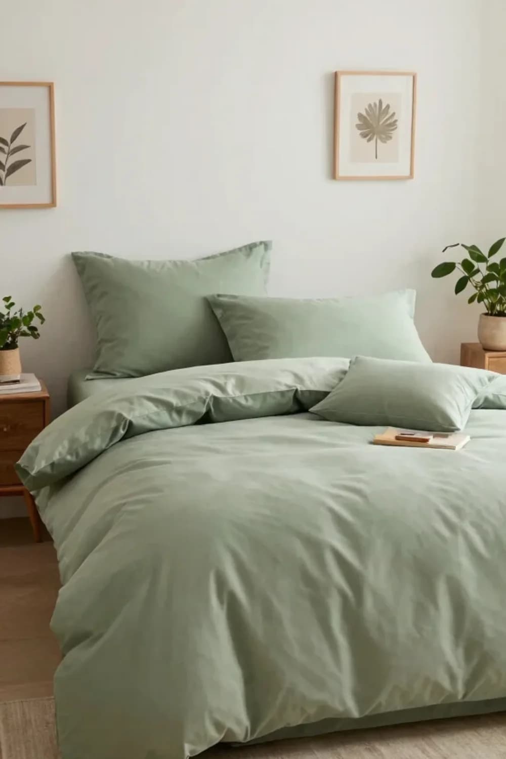 Bed with plain sage green duvet cover and pillows against white walls with two small botanical prints and a wooden bedside table