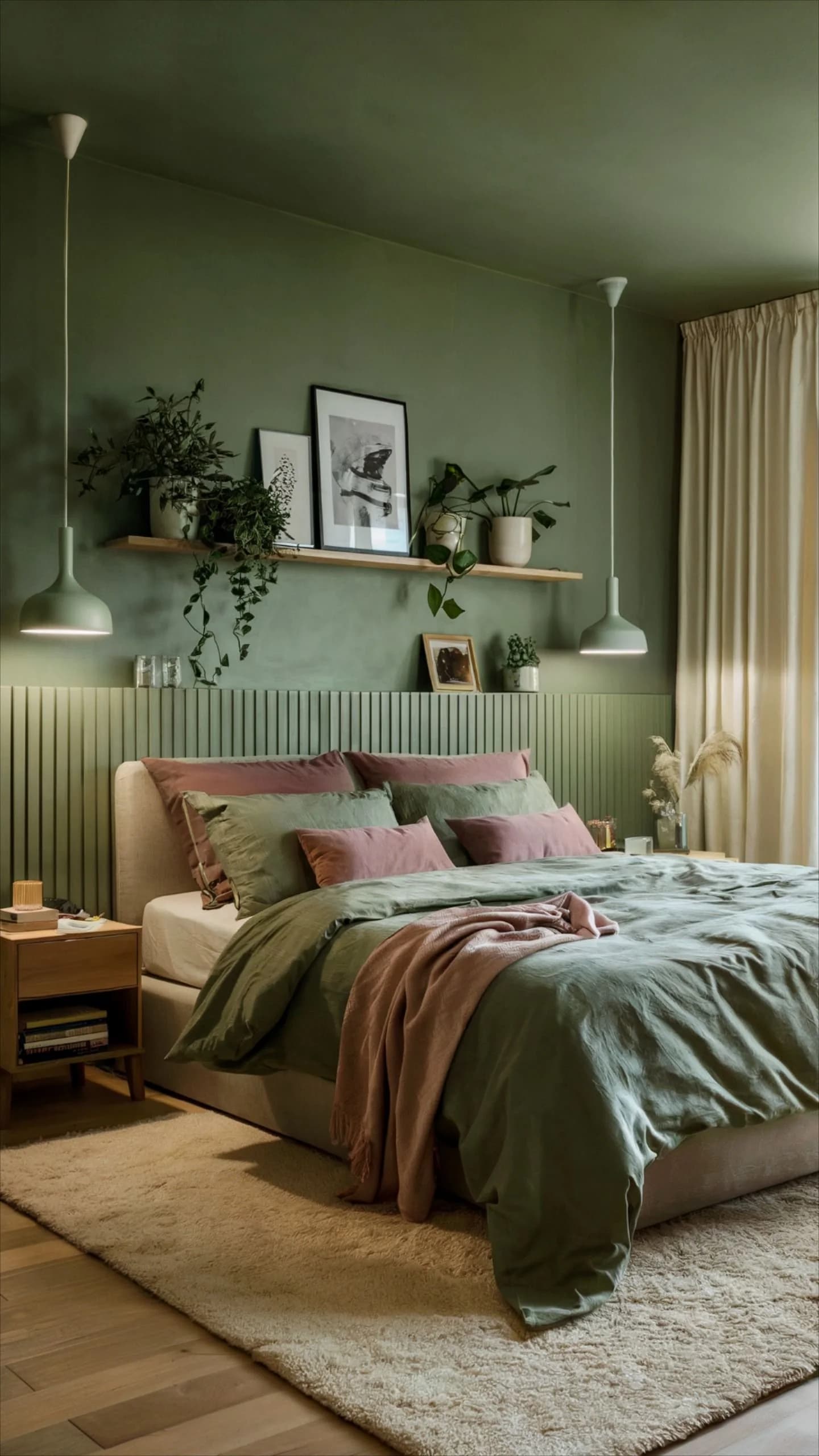 Bedroom with sage green walls and ceiling, a bed with sage linen and dusty rose pillows and throw, a wall shelf with plants and frames, and two sage pendant lights