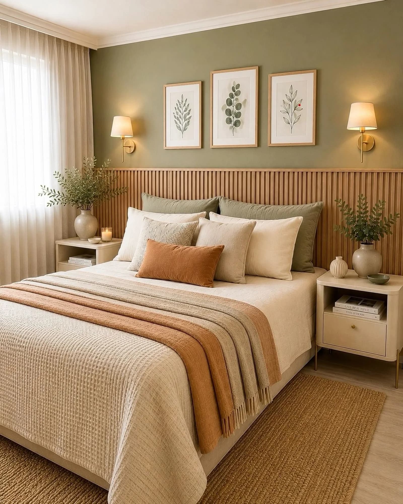 Bedroom with a band of vertical wooden slats behind a cream bed, sage green wall above with three botanical prints and two shaded wall lights, and a terracotta cushion and throw