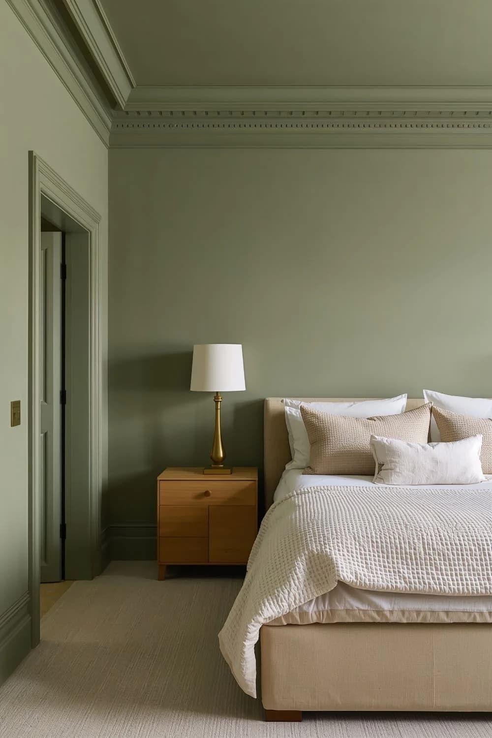 Corner of a bedroom with sage green walls, cornice, door frame and skirting all in the same color, a cream bed with white bedding and a brass lamp on a wooden bedside table