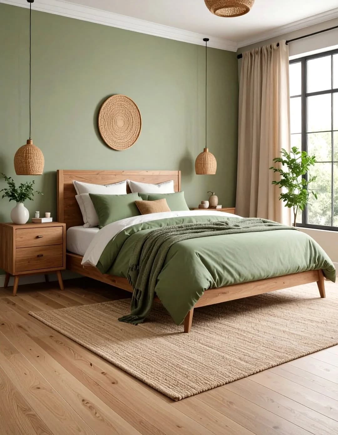 Bedroom with sage green walls, a wooden bed with sage and white bedding, two woven rattan pendants, a round woven wall plate and a jute rug on a pine floor