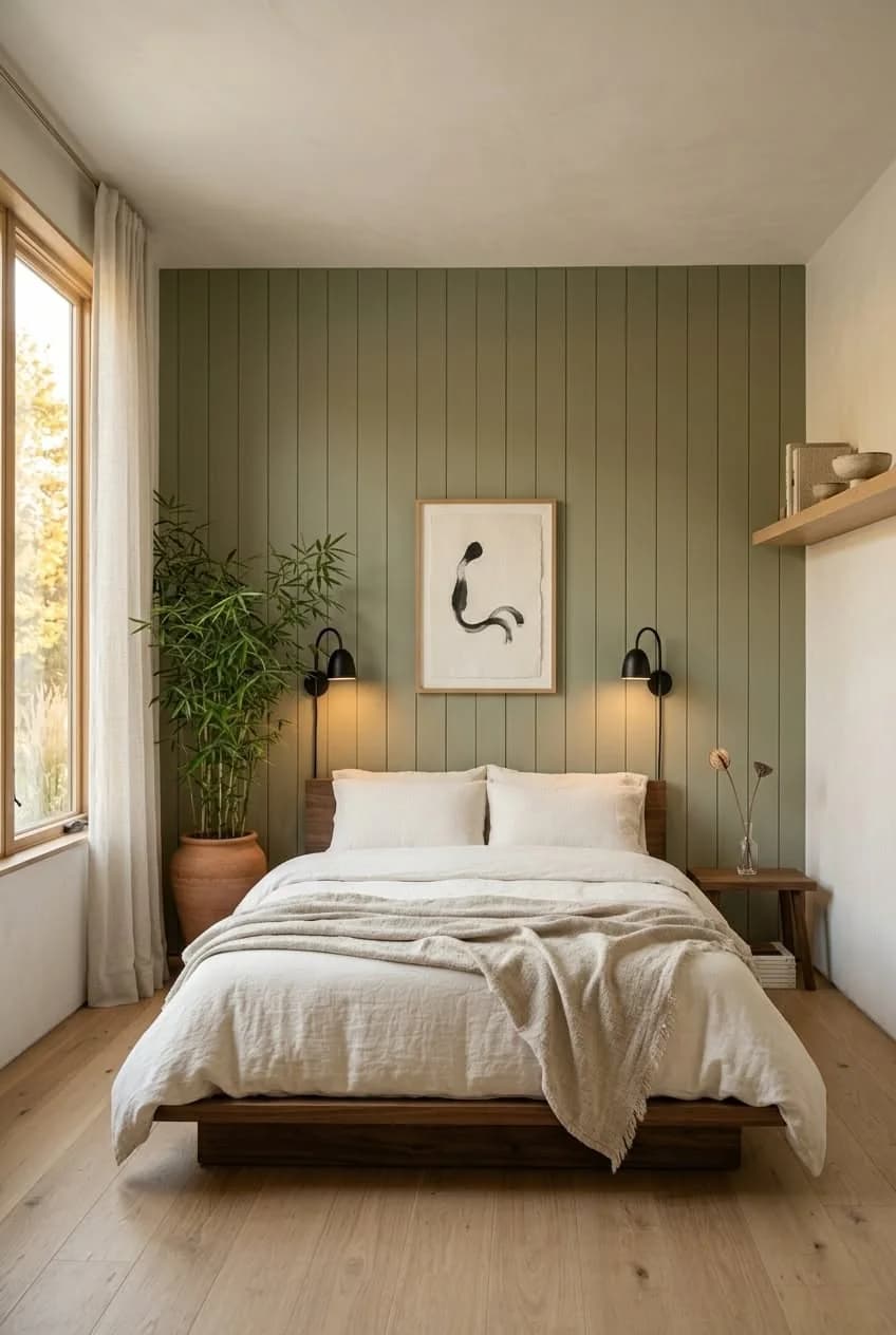 Small bedroom with sage green vertical boards behind a low wooden bed with white linen bedding, two black wall lights, an ink drawing and a bamboo plant