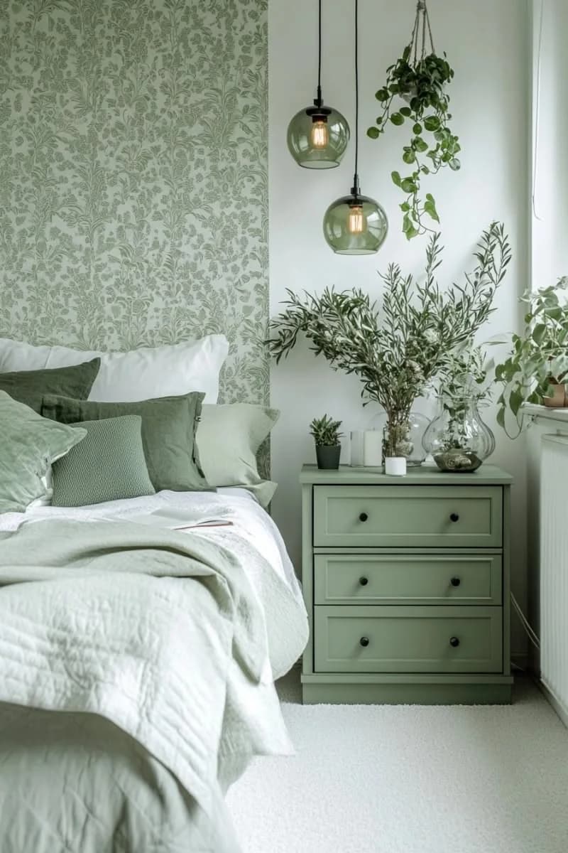 Bed with sage and white linen against a sage leaf-patterned wallpaper, a sage green painted bedside chest, green glass pendant lights and potted olive branches