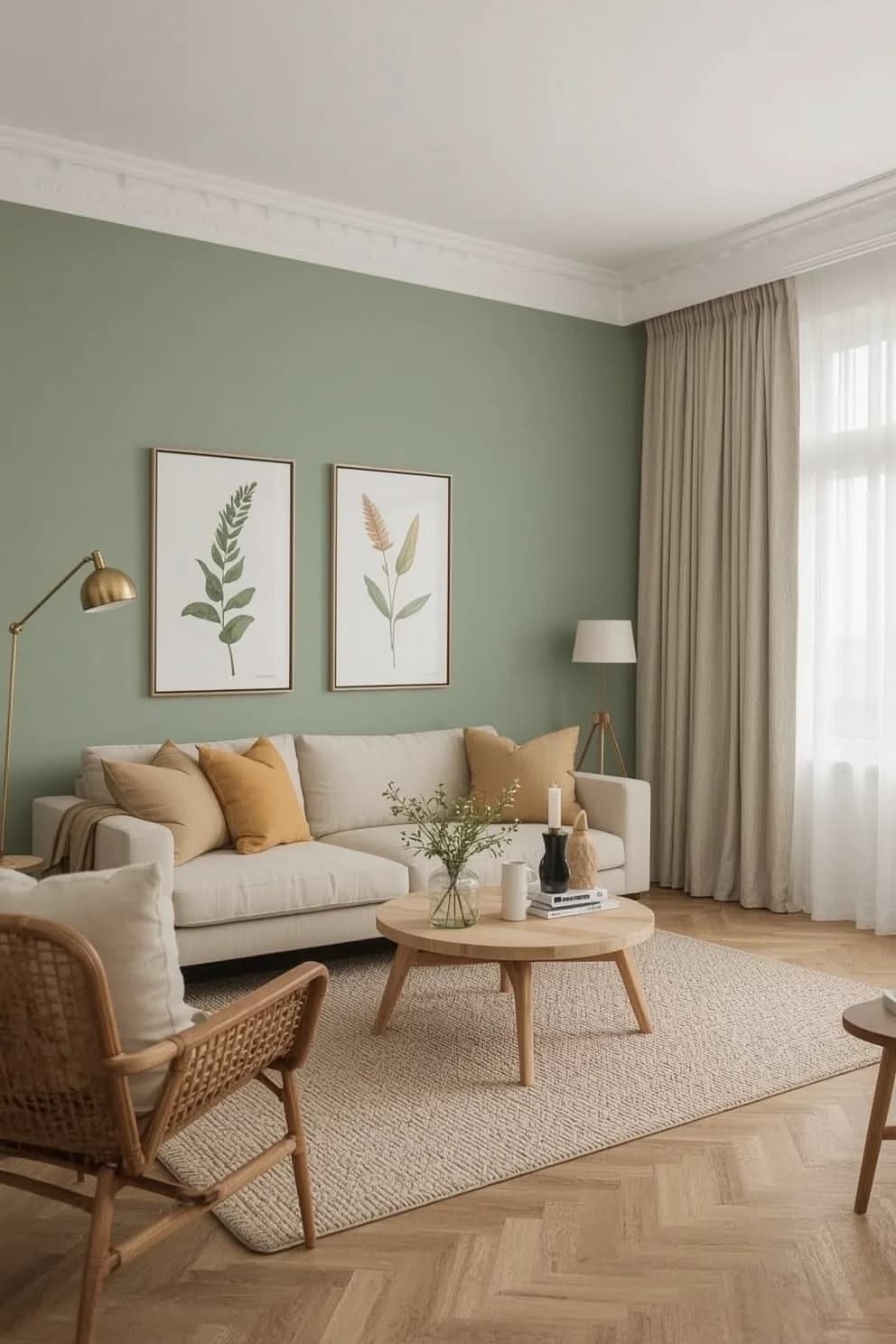 Sage green accent wall with two botanical prints above a cream sofa with mustard cushions, a round wooden coffee table, a rattan armchair and linen curtains