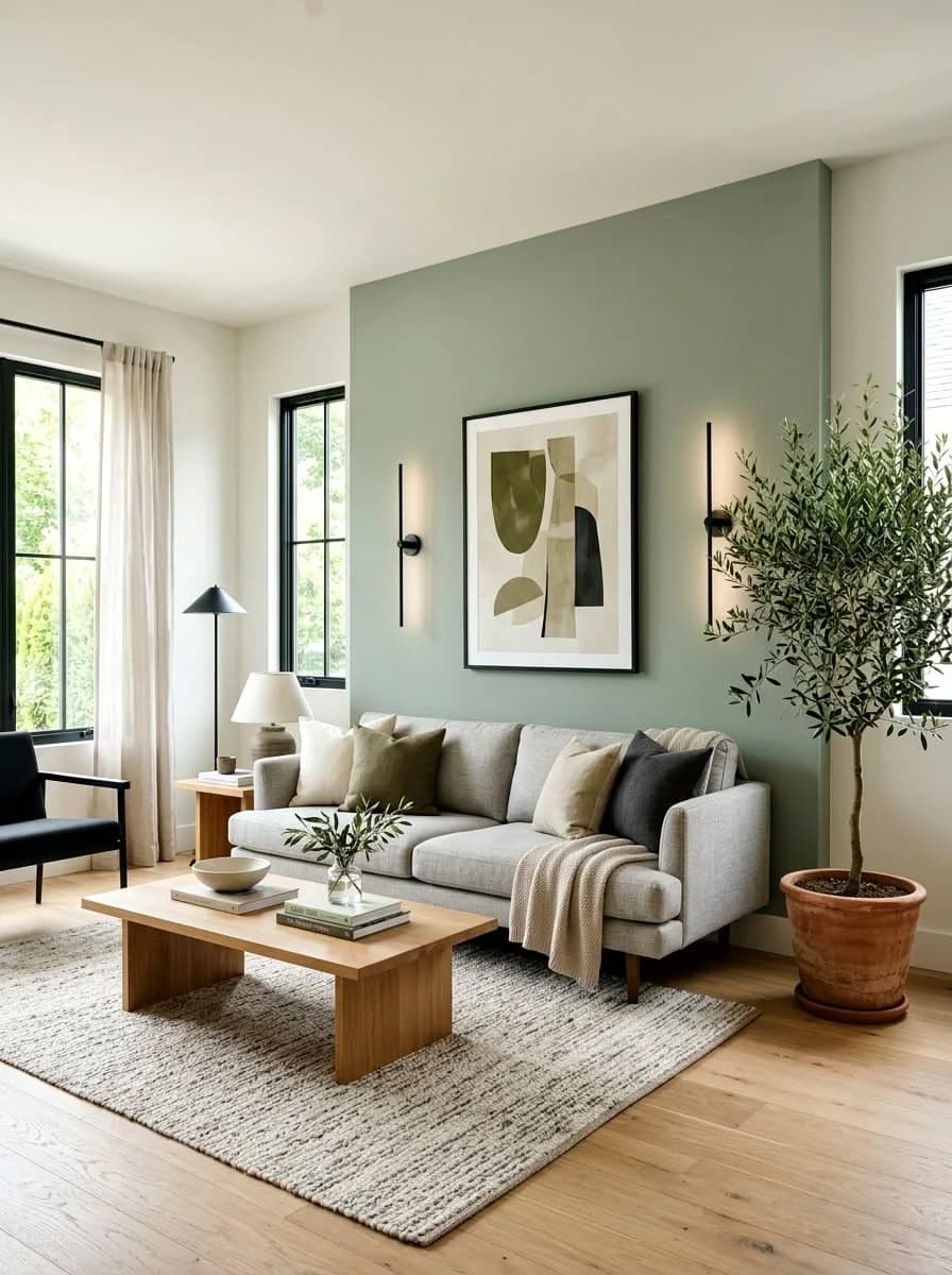 Sage green wall with an abstract print in a black frame between two slim black wall lights, a pale grey sofa, a chunky wood coffee table and an olive tree in a terracotta pot
