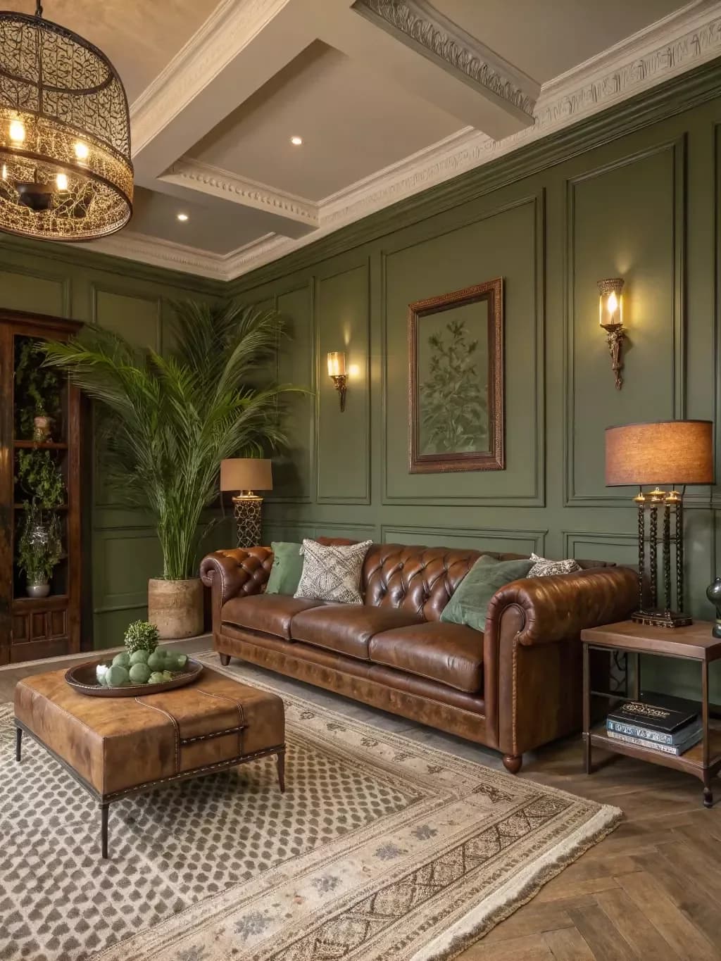 Deep sage panelled room with a chestnut brown leather chesterfield, a leather ottoman, brass wall lights, a large palm and a patterned rug