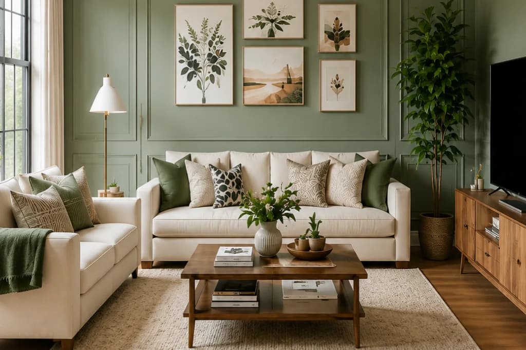 Living room with a sage green panelled wall, a group of framed botanical prints, two cream sofas with green and patterned cushions, a wooden coffee table and a tall plant