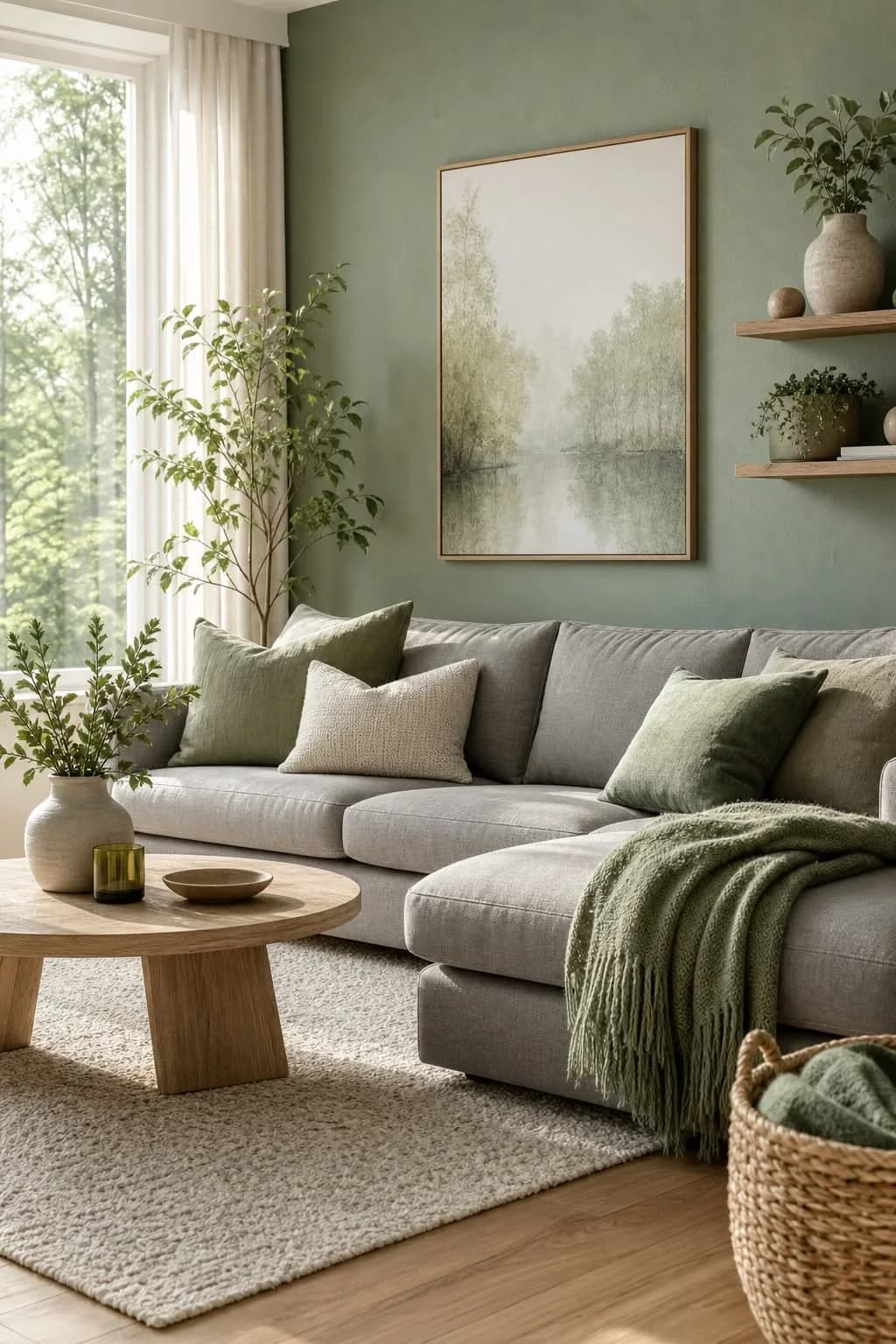 Sage green wall with a large misty landscape painting, wooden shelves with plants, a grey sectional with green cushions and a green throw, and a round pale wood coffee table