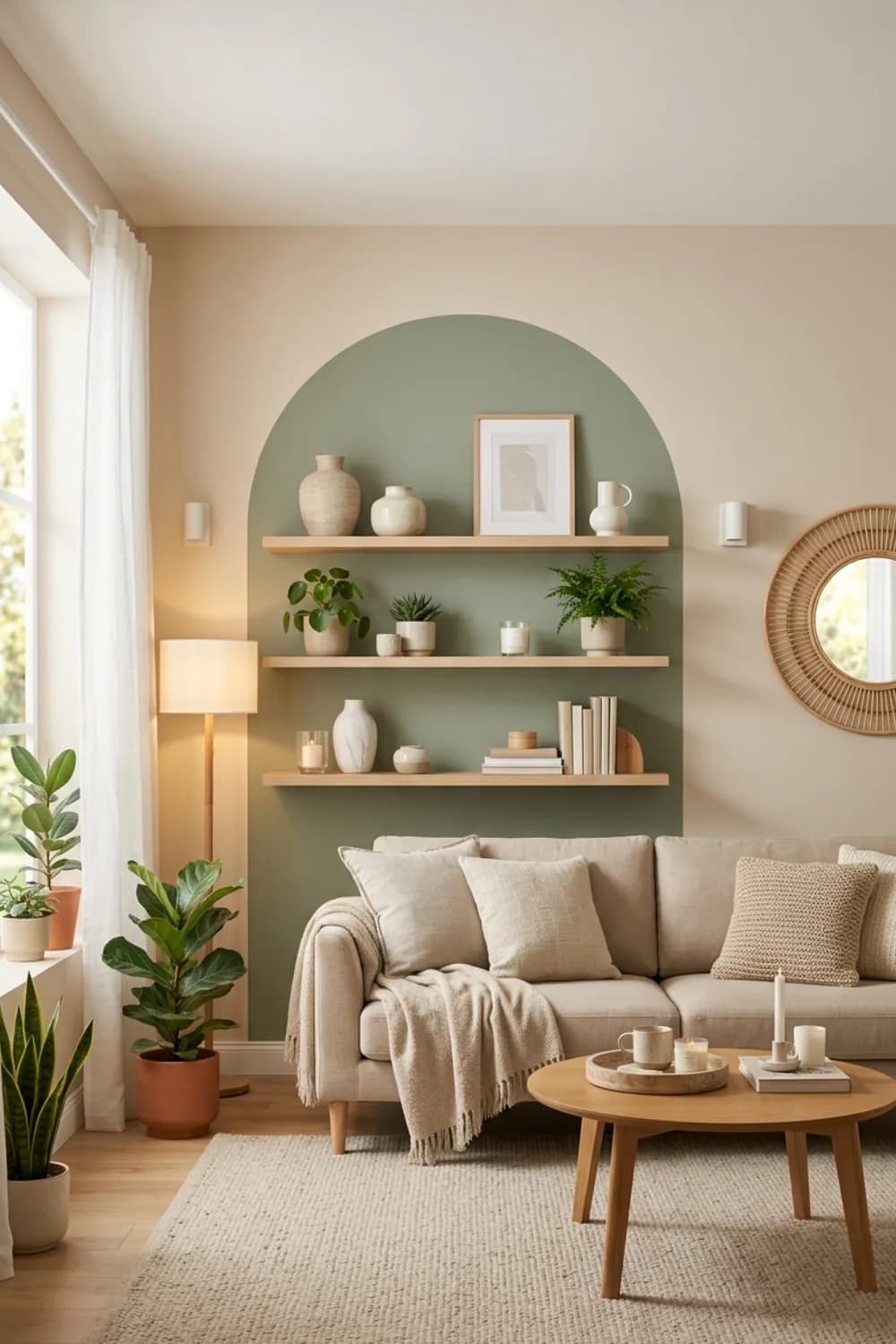Cream wall with a sage green painted arch behind a beige sofa, three wooden shelves with ceramics and plants inside the arch, and a round rattan mirror