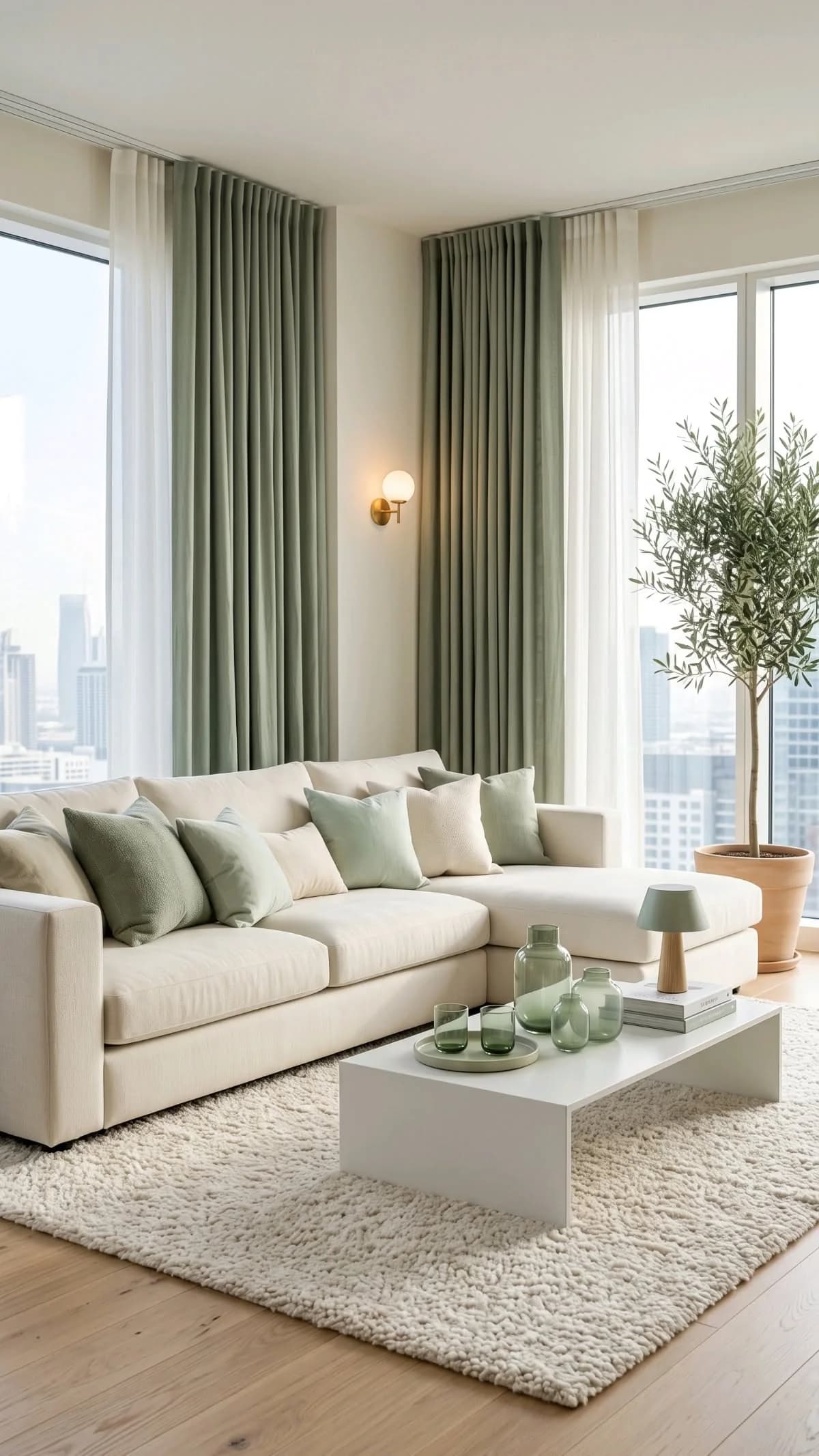 White living room with full-length sage green curtains over sheers, a cream sectional with sage cushions, a white coffee table with green glassware and an olive tree