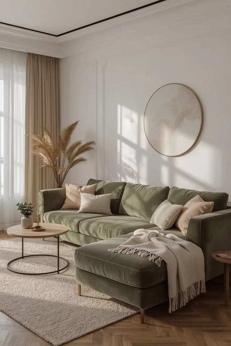 Deep sage green velvet sectional with blush and cream cushions and a cream throw in a white panelled room, with a round side table, dried grasses and a round wall hanging