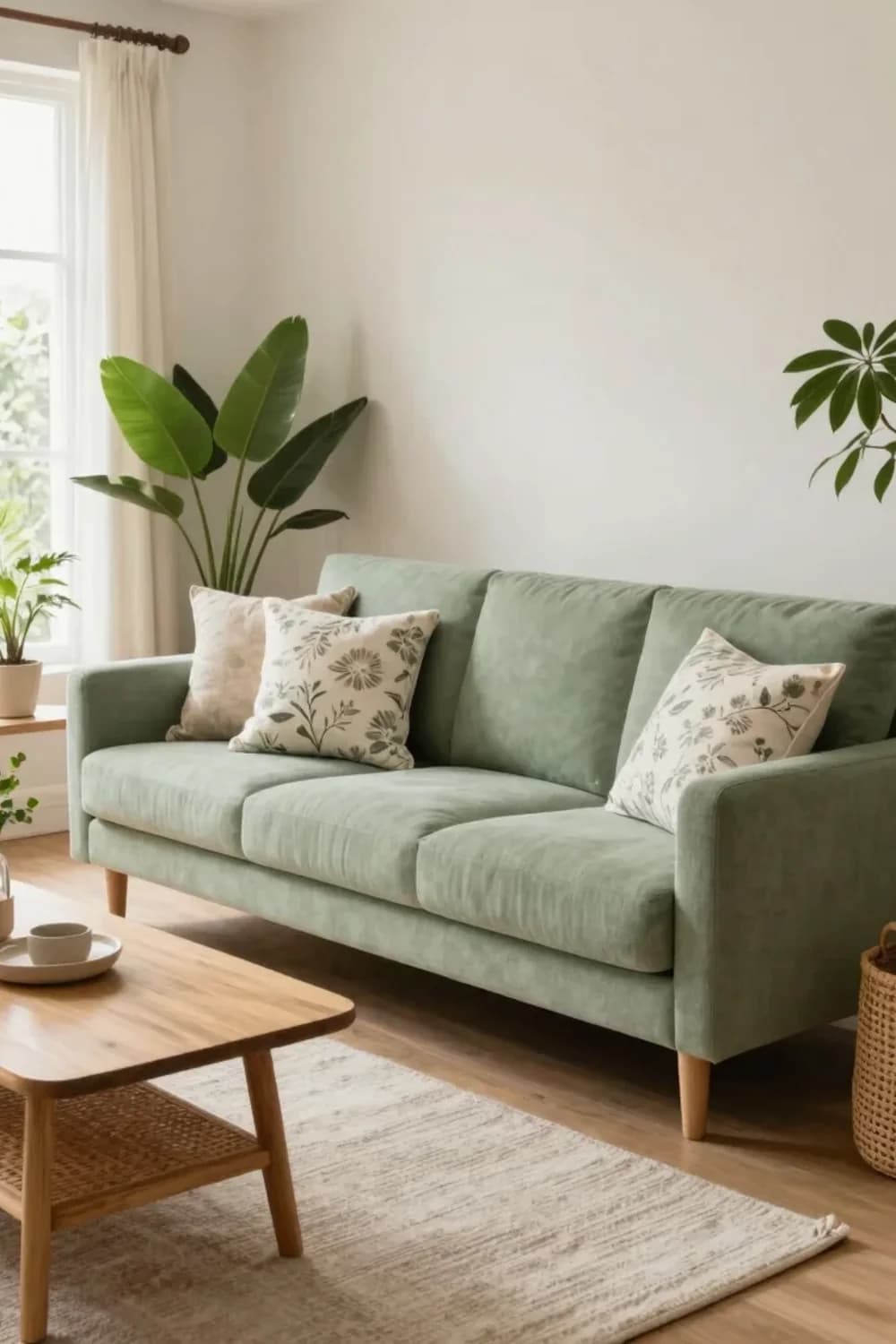 Pale sage green three-seat sofa with cream botanical print cushions, a wood and cane coffee table, a cream rug and large leafy plants