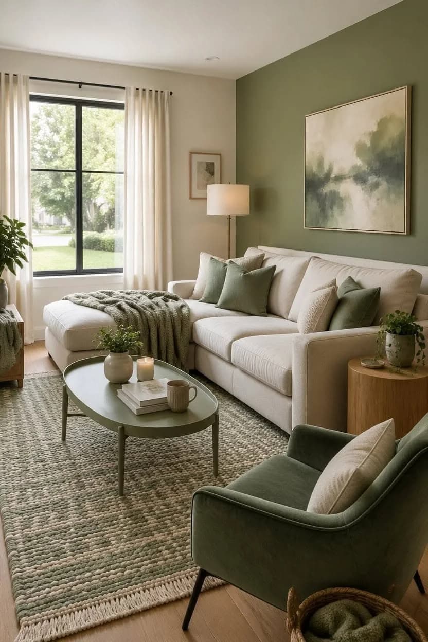 Living room with one deep sage wall, a cream sectional with green cushions and throw, a green velvet armchair, a sage oval coffee table and a green woven rug