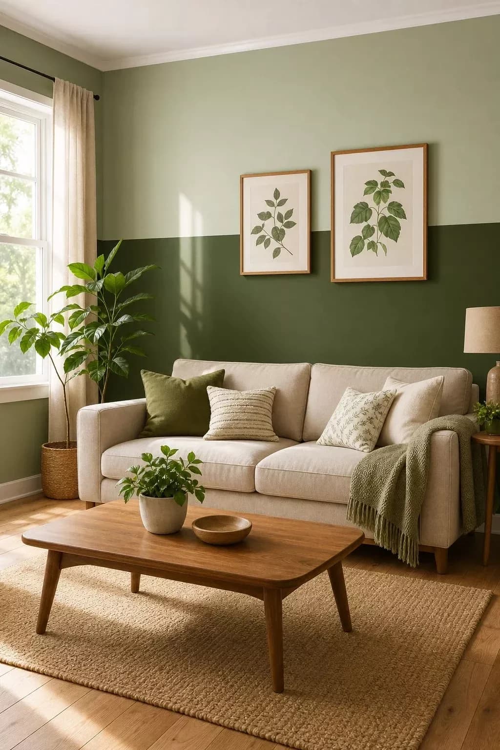 Wall painted pale sage above and deep sage below, with two botanical prints, a cream sofa with green cushions, a wooden coffee table and a jute rug