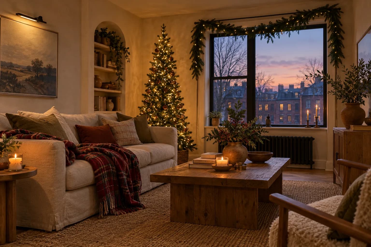 Small apartment living room decorated for Christmas with a slim tree in the corner and garland on the window