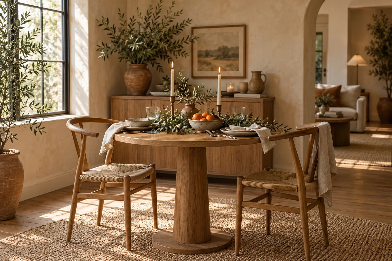 Small round dining table with a greenery runner and taper candles for Christmas