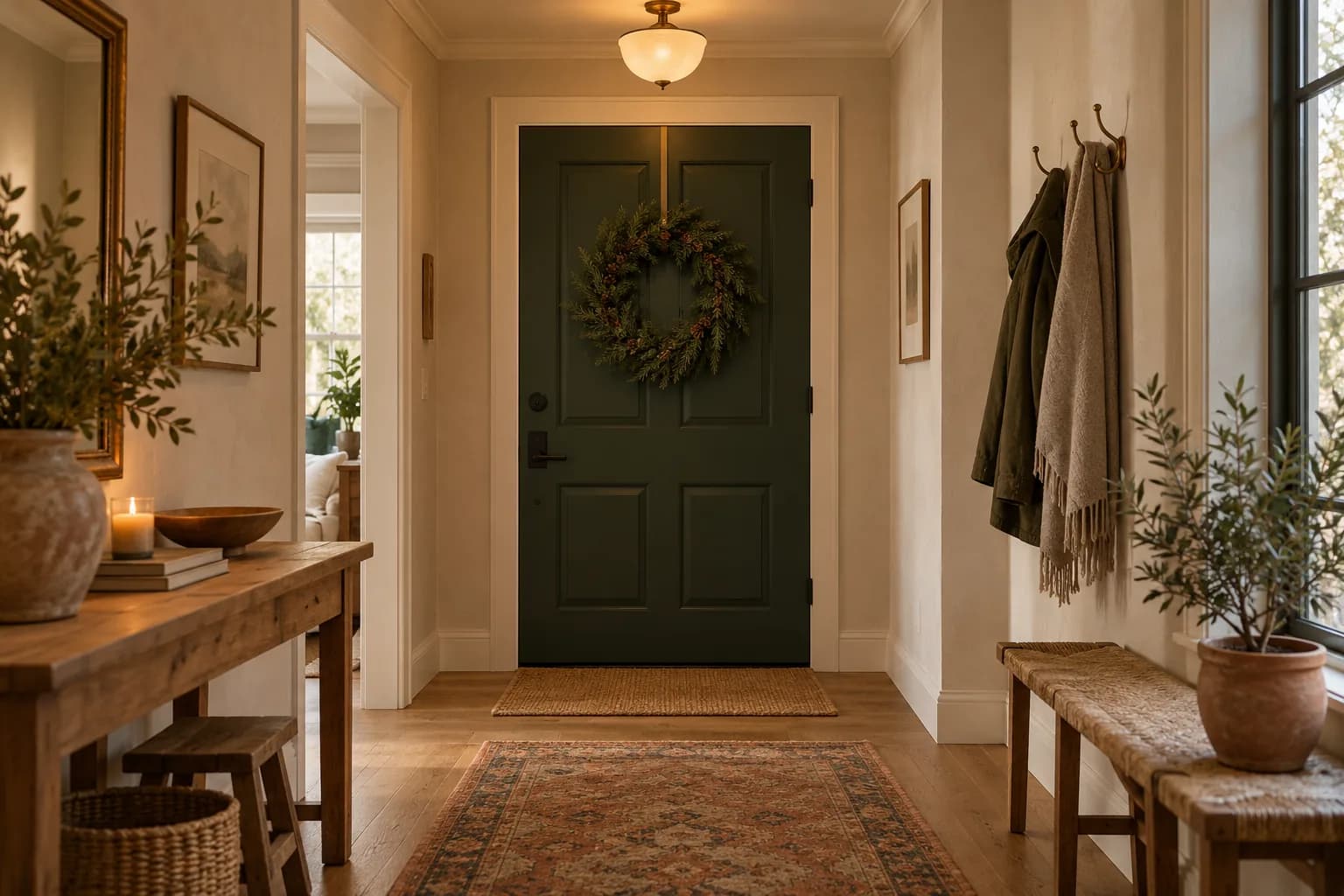 Apartment front door with a simple wreath and a festive doormat