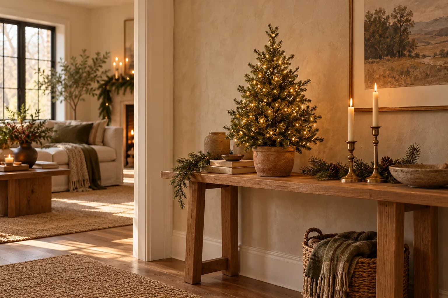 Small tabletop Christmas tree on an oak console with candles and pine sprigs