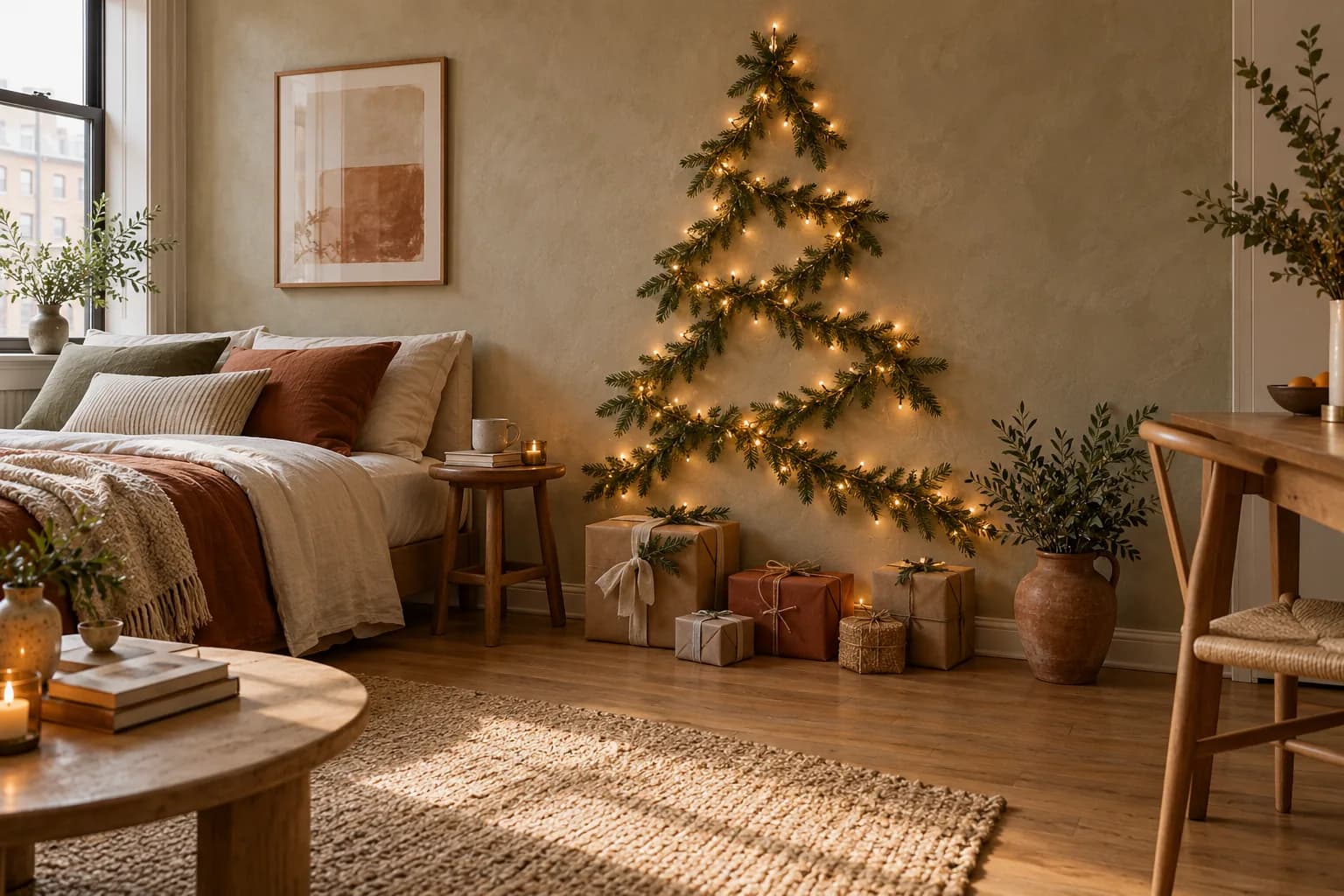 Flat wall Christmas tree made from garland and lights in a studio apartment