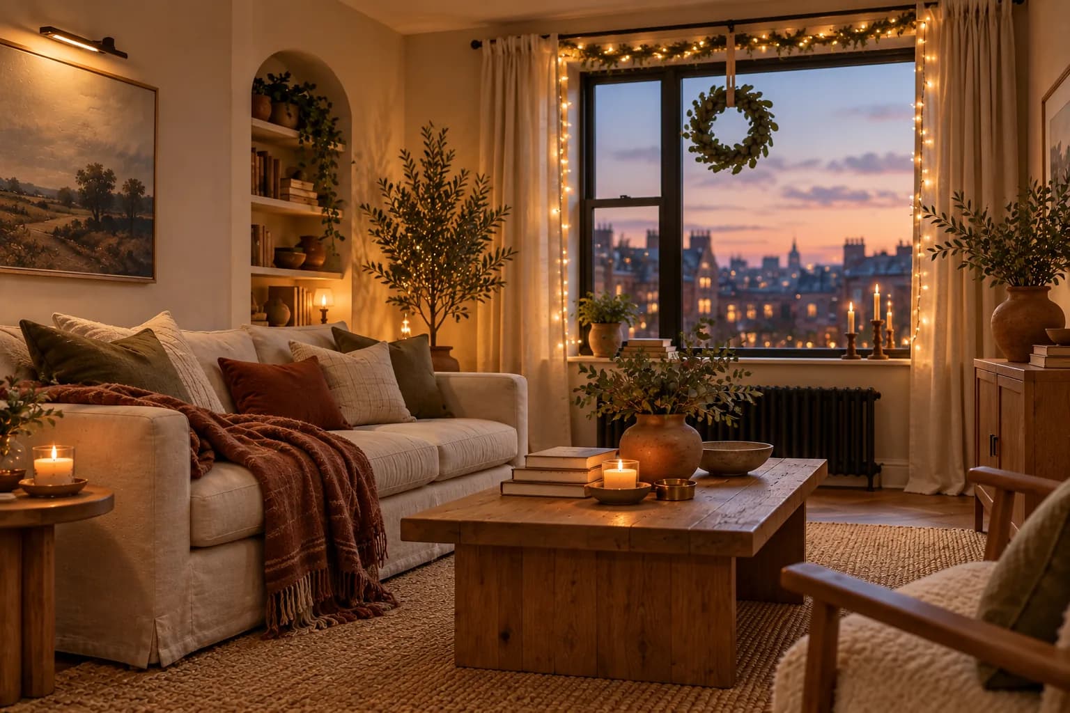 Apartment window framed with warm fairy lights and a small wreath