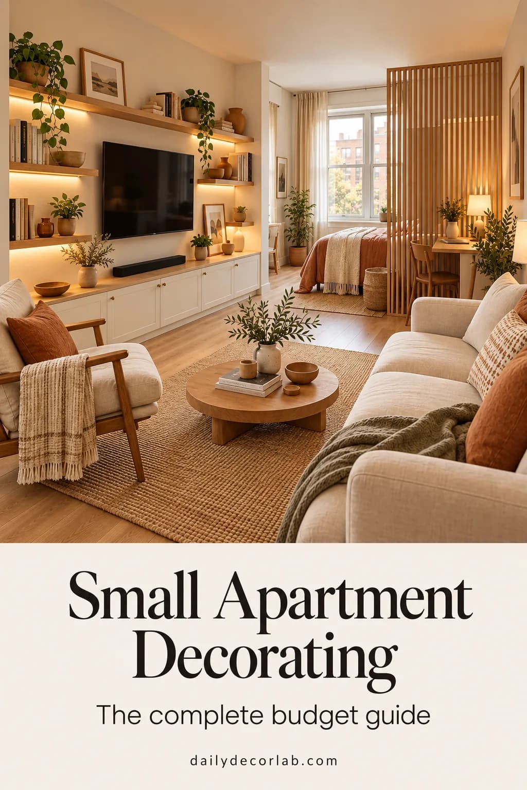Small apartment living room with floating shelves and a slatted divider