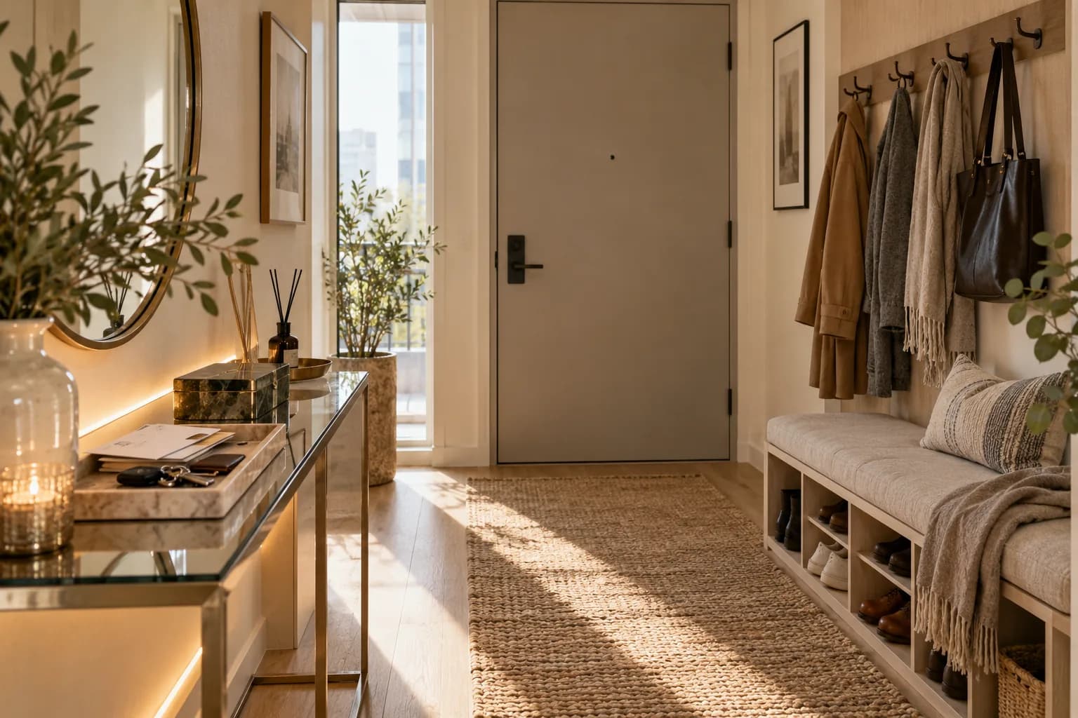 Small apartment entryway with a shoe bench, coat hooks and a console with a tray