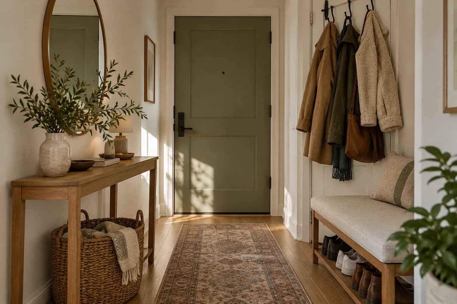 Small apartment entryway with an oak console, round mirror, woven basket, coat hooks and a shoe bench
