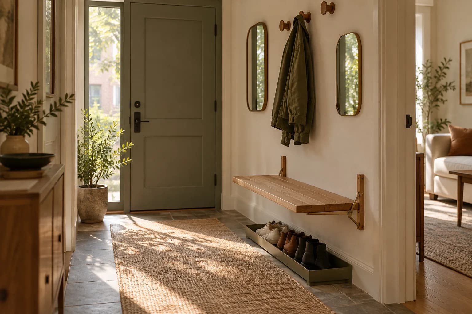 Slim fold-down wall bench with shoe tray in a narrow apartment entryway