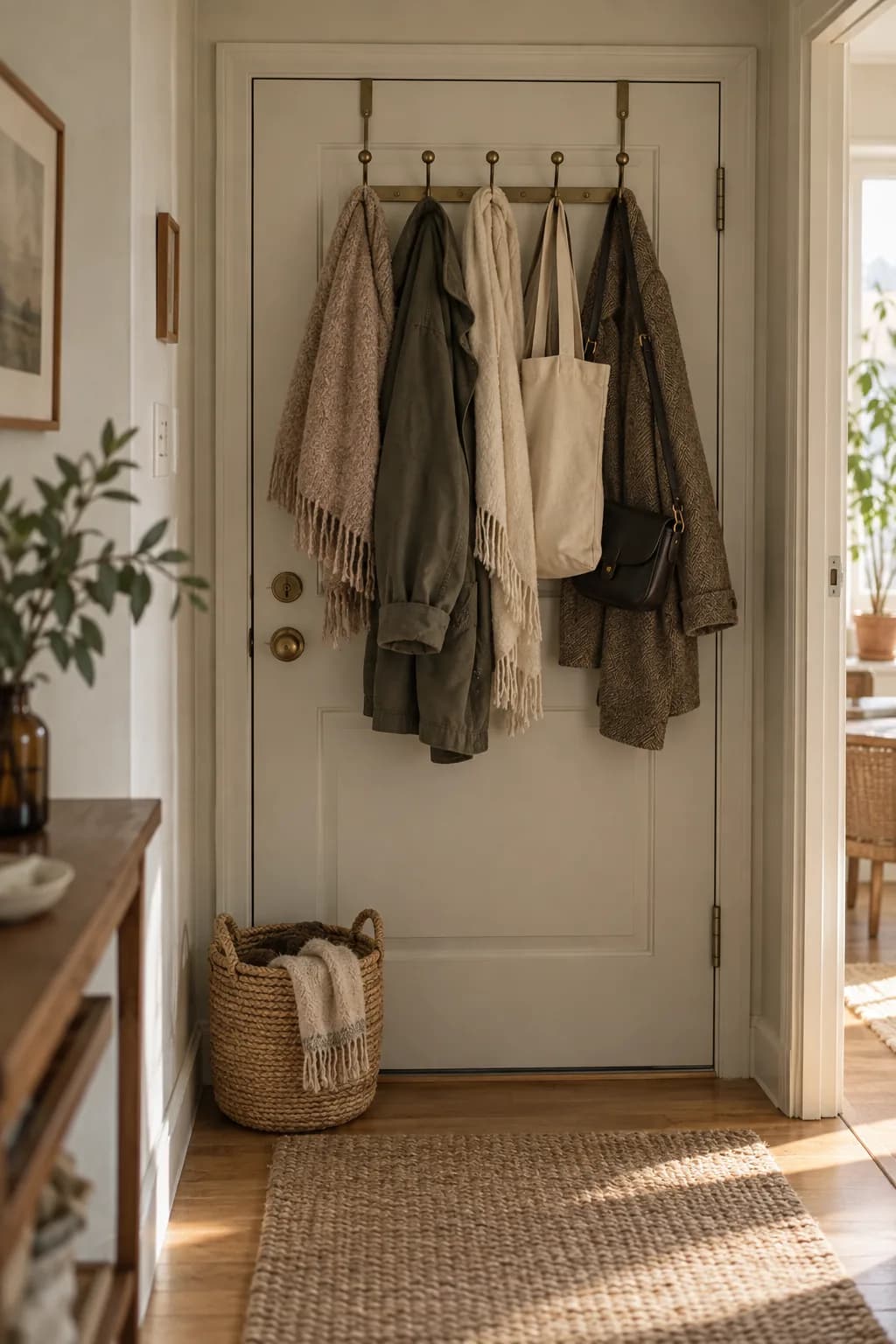 Over-the-door hook rack holding coats and bags on the back of an apartment door