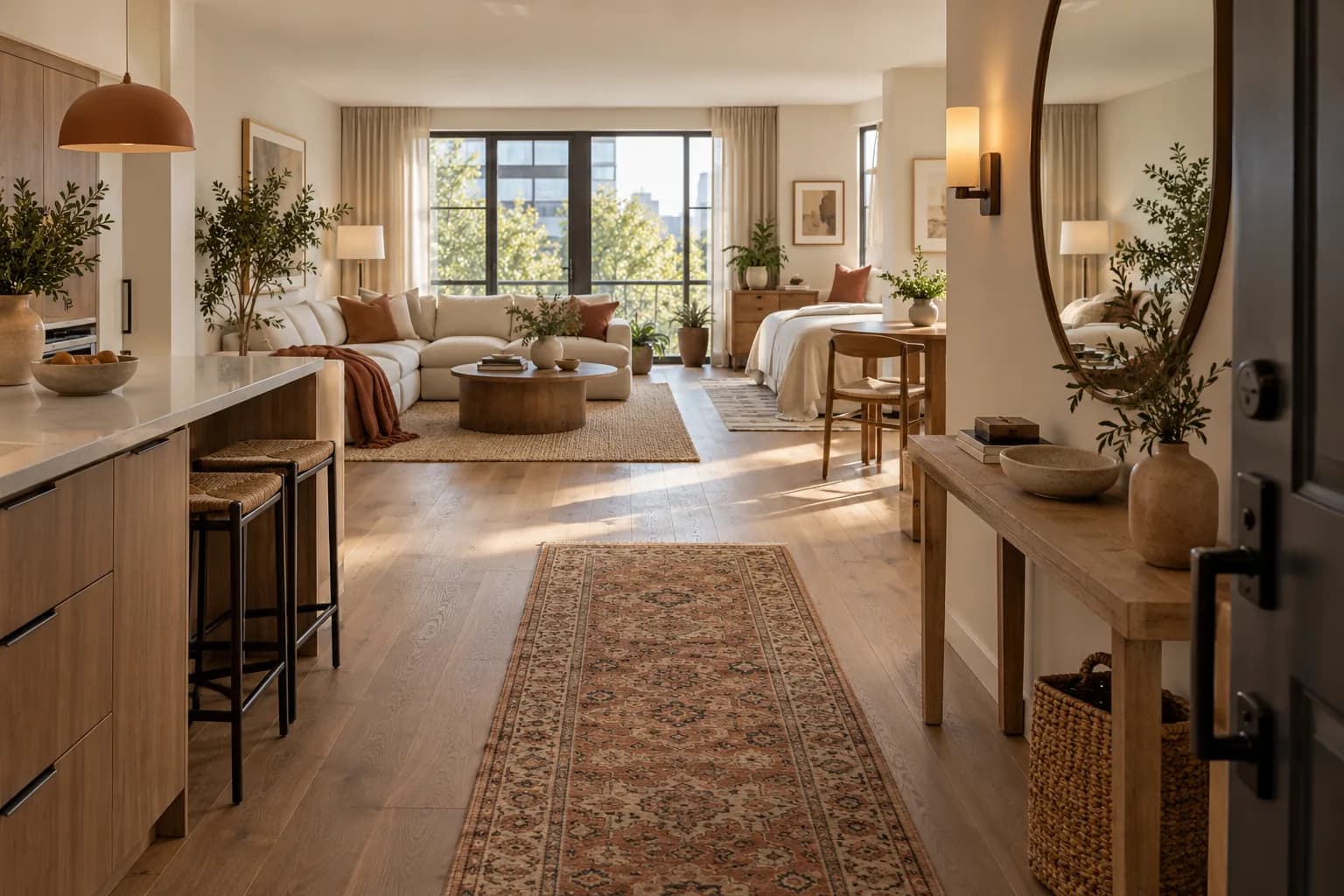Studio entry zone defined by a runner rug, round mirror and wall sconce