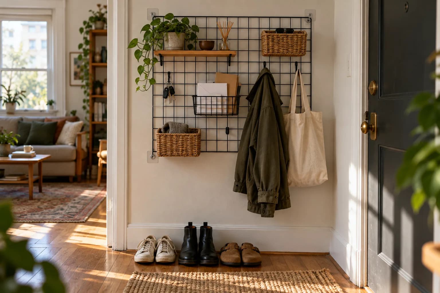 Wire grid wall panel with hooks, shelf and baskets organizing a tiny entryway