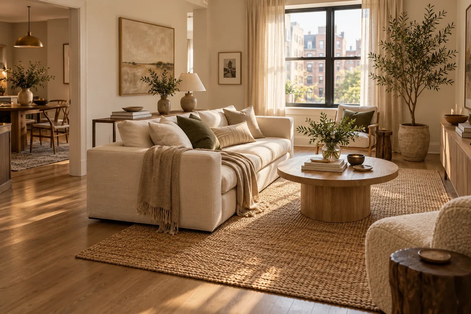 Small living room with a cream sofa floated off the wall, round oak coffee table and jute rug