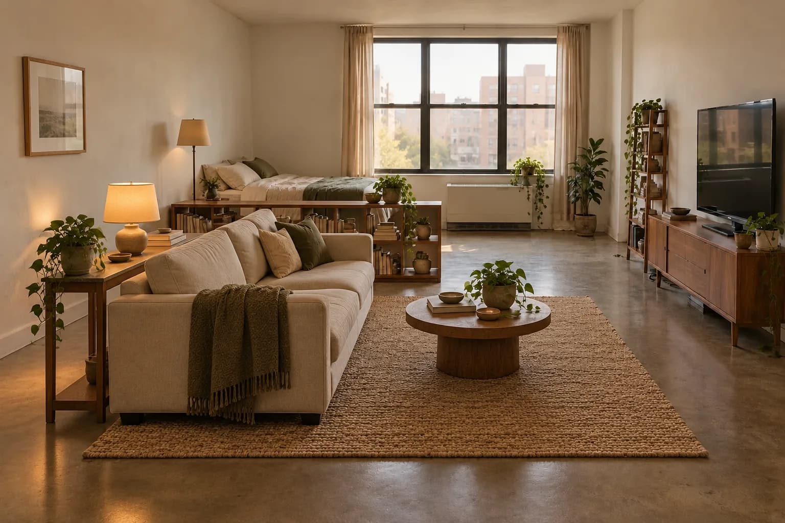Same studio with the sofa floated onto a centered rug, a console behind it and a bookshelf zoning the bed