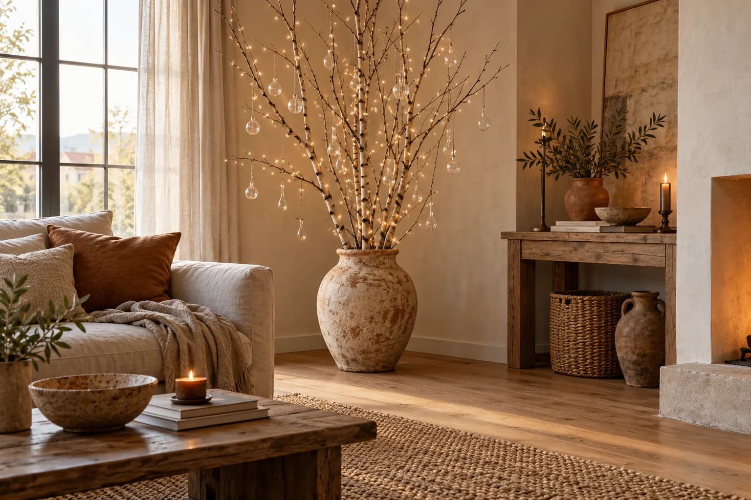 Bare branches with fairy lights and small ornaments in a tall ceramic vase