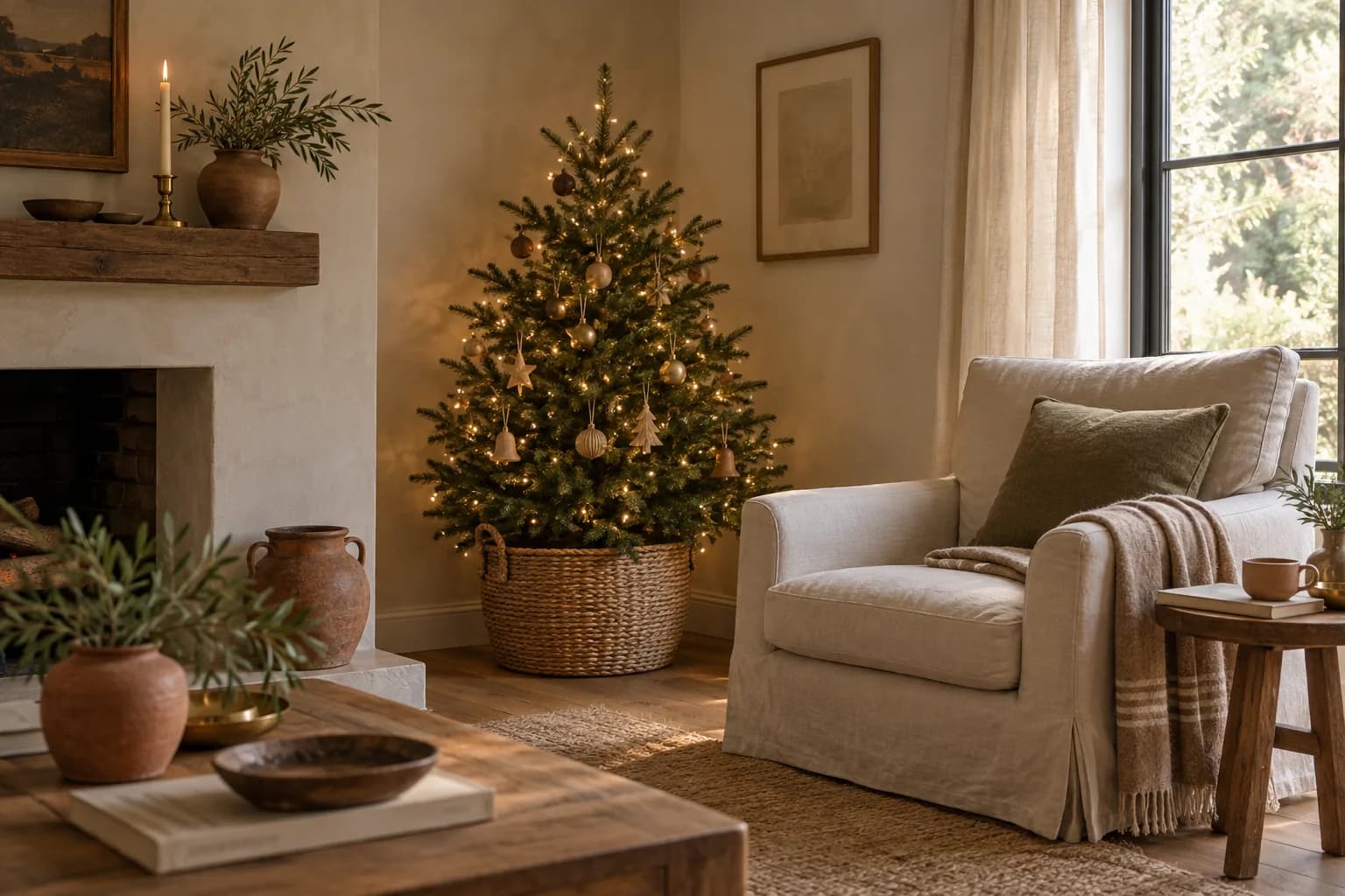 Four-foot Christmas tree in a woven basket in the corner of a small living room