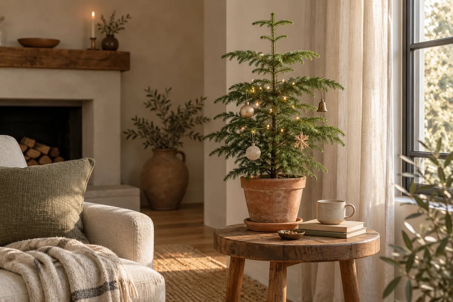 Small Norfolk Island pine in a terracotta pot decorated with a few ornaments on a side table