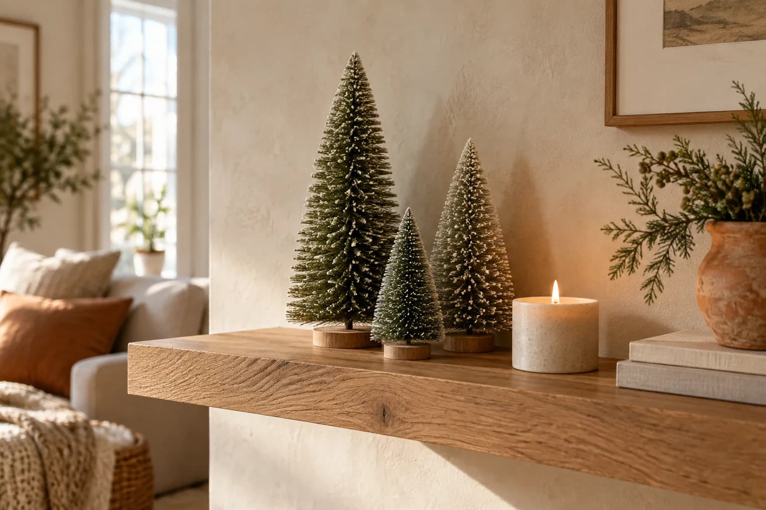 Trio of bottle brush trees with a candle on a floating oak shelf