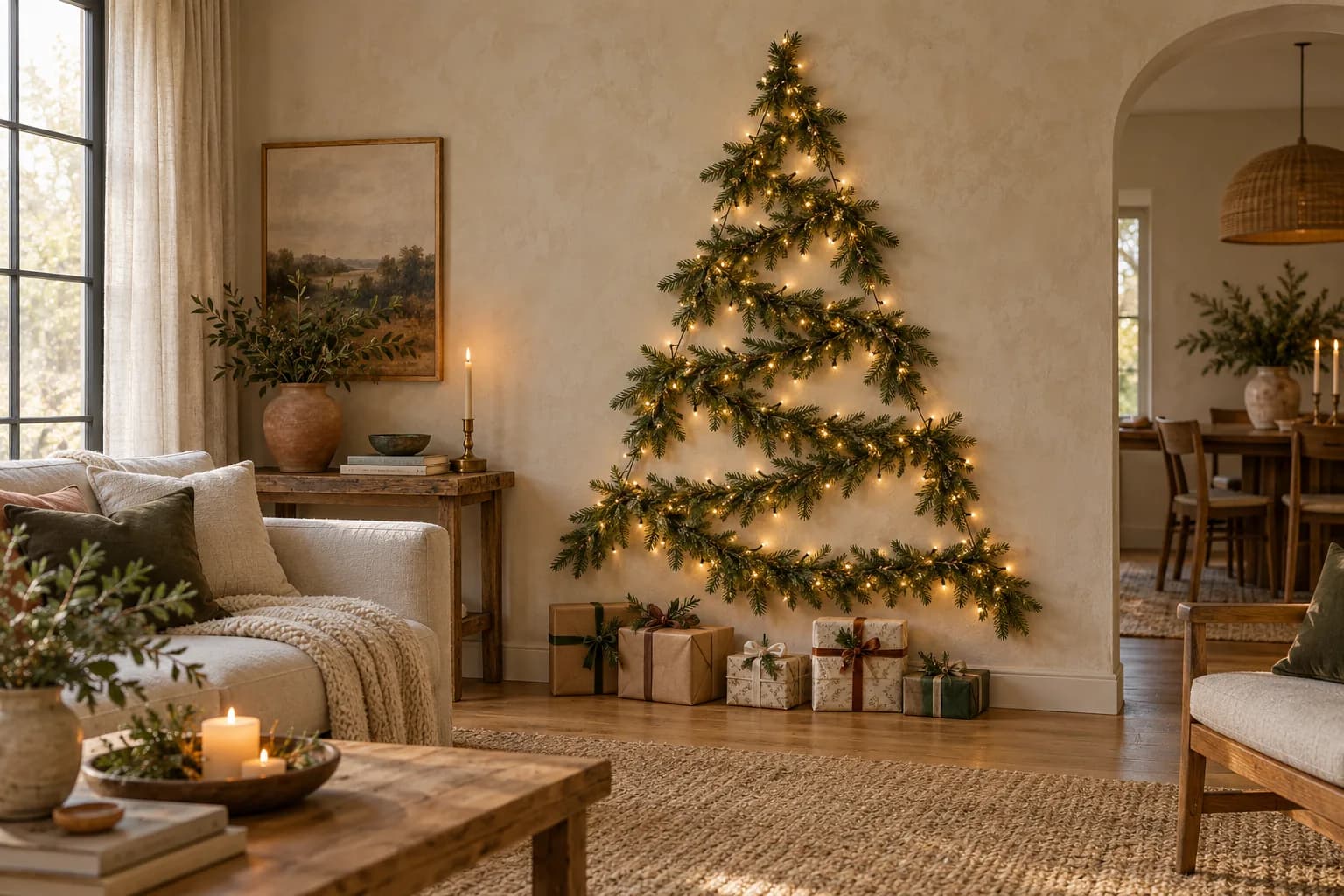 Christmas tree shape made of lit garland on a living room wall with gifts below