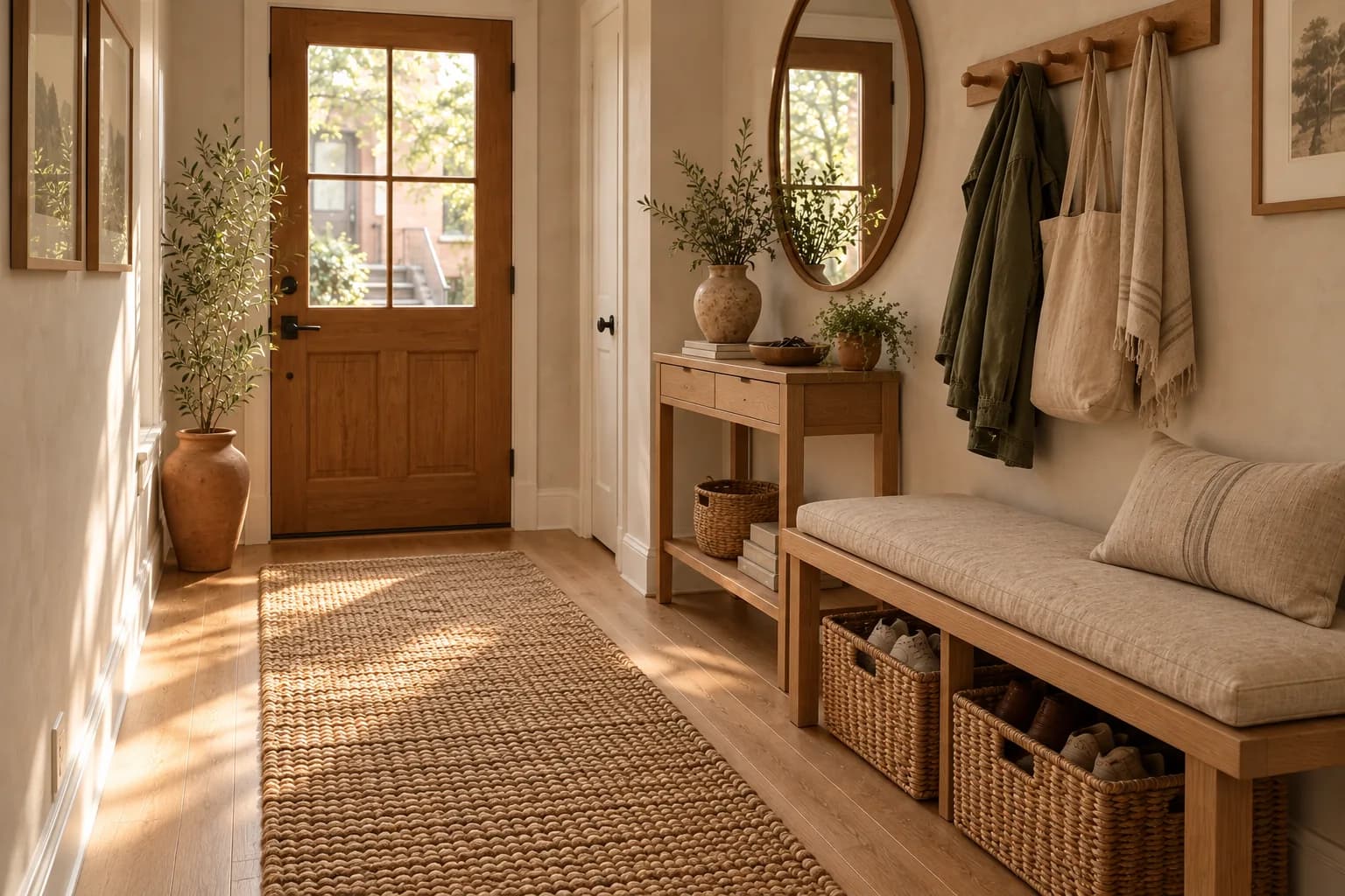 Oak storage bench with woven baskets of shoes underneath and hooks above