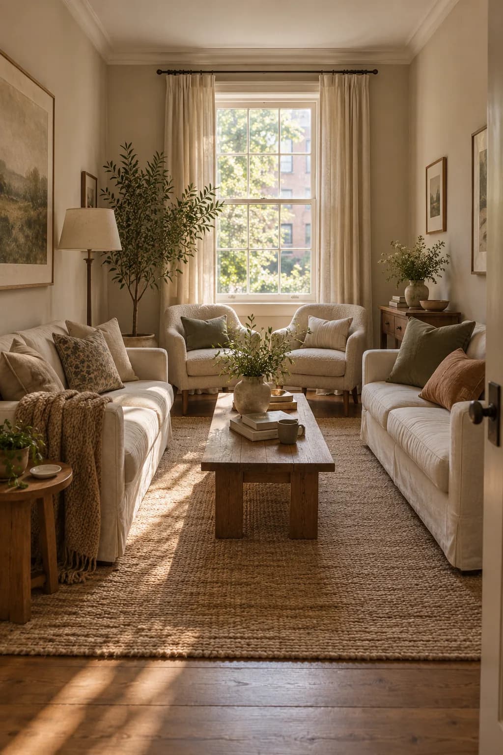 Two facing seats around a small coffee table in a narrow living room
