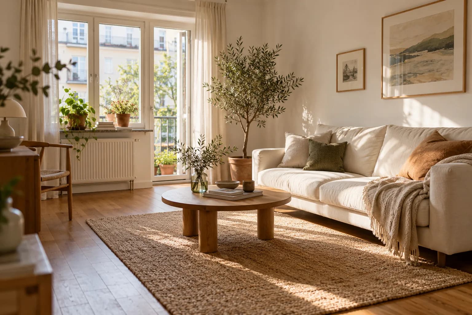 Sunlit small living room with a cream sofa, round oak coffee table, jute rug and olive tree
