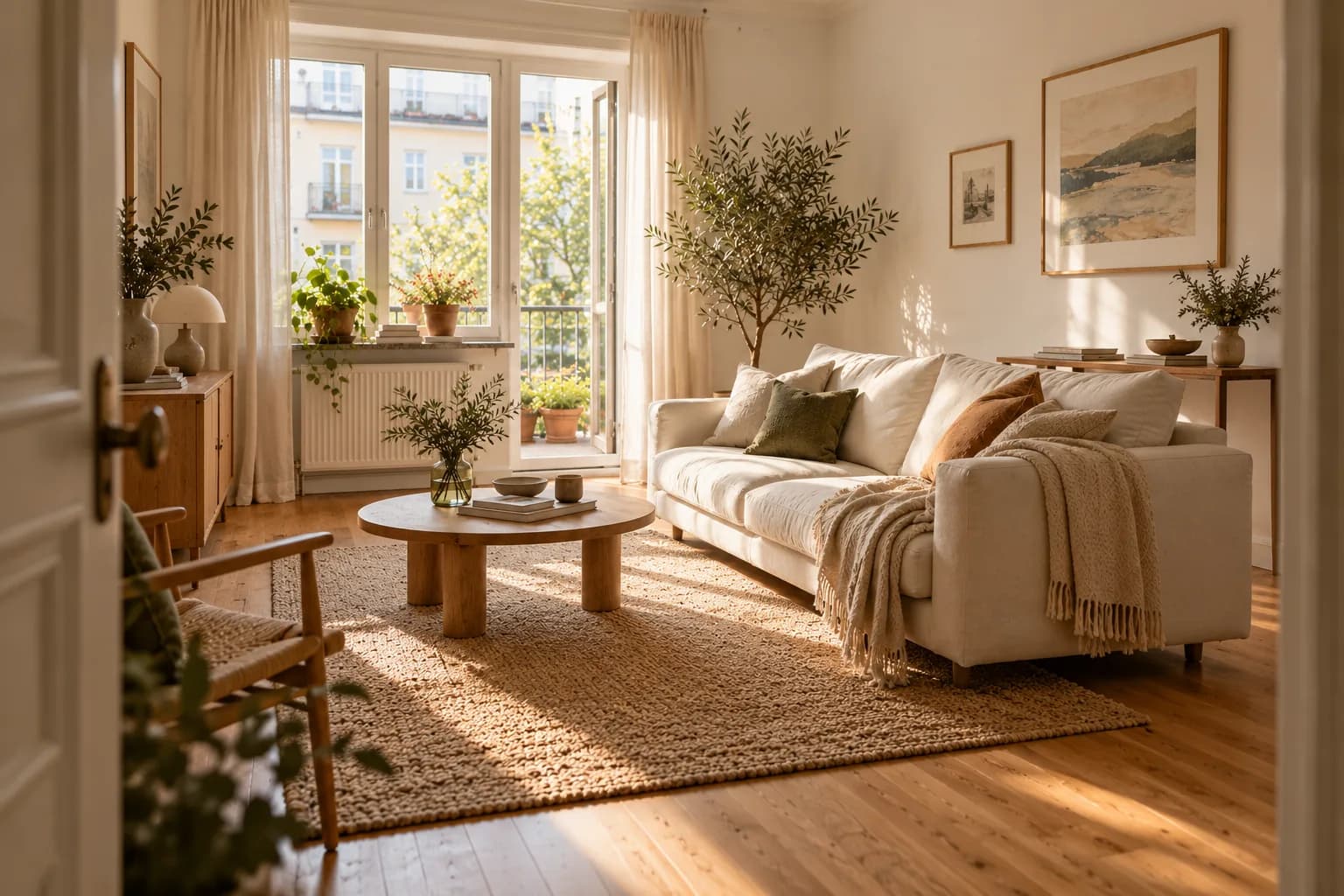 Small living room with the sofa floating off the wall and a console behind it