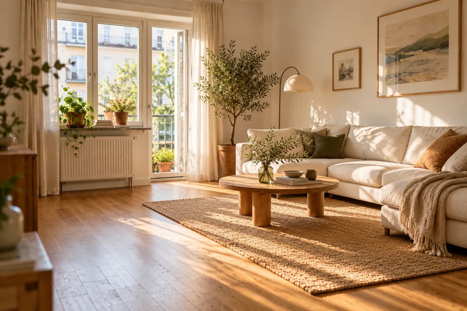 Small living room with an L-shaped sectional tucked into the corner